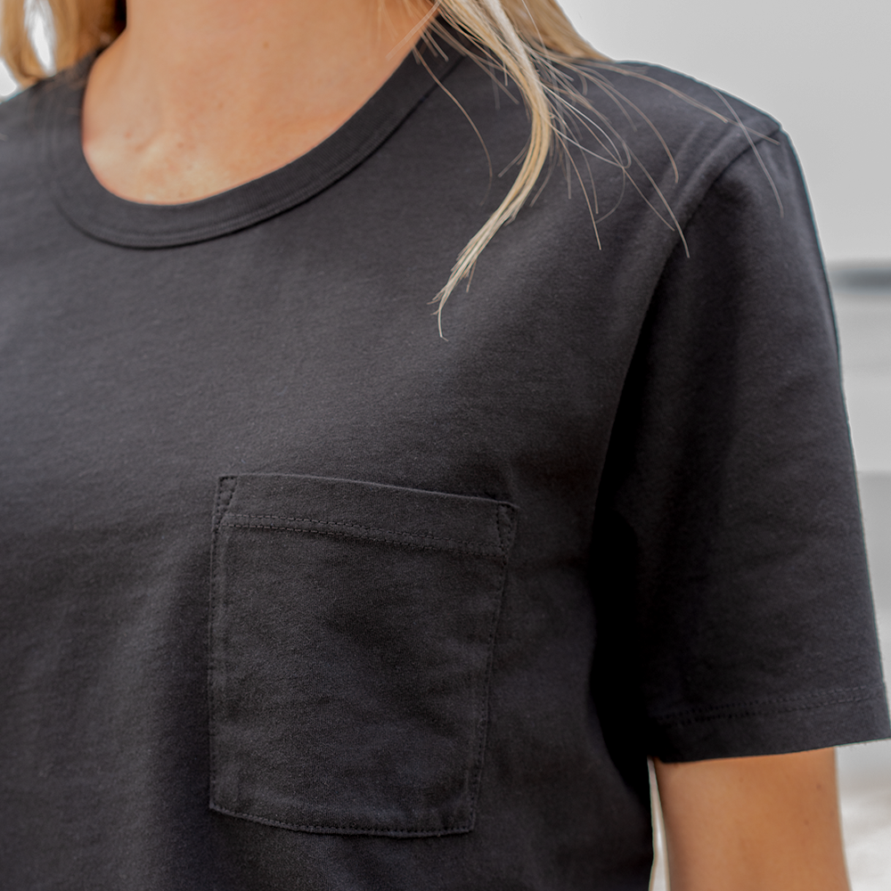 #color_black Womens short pocket tee close view