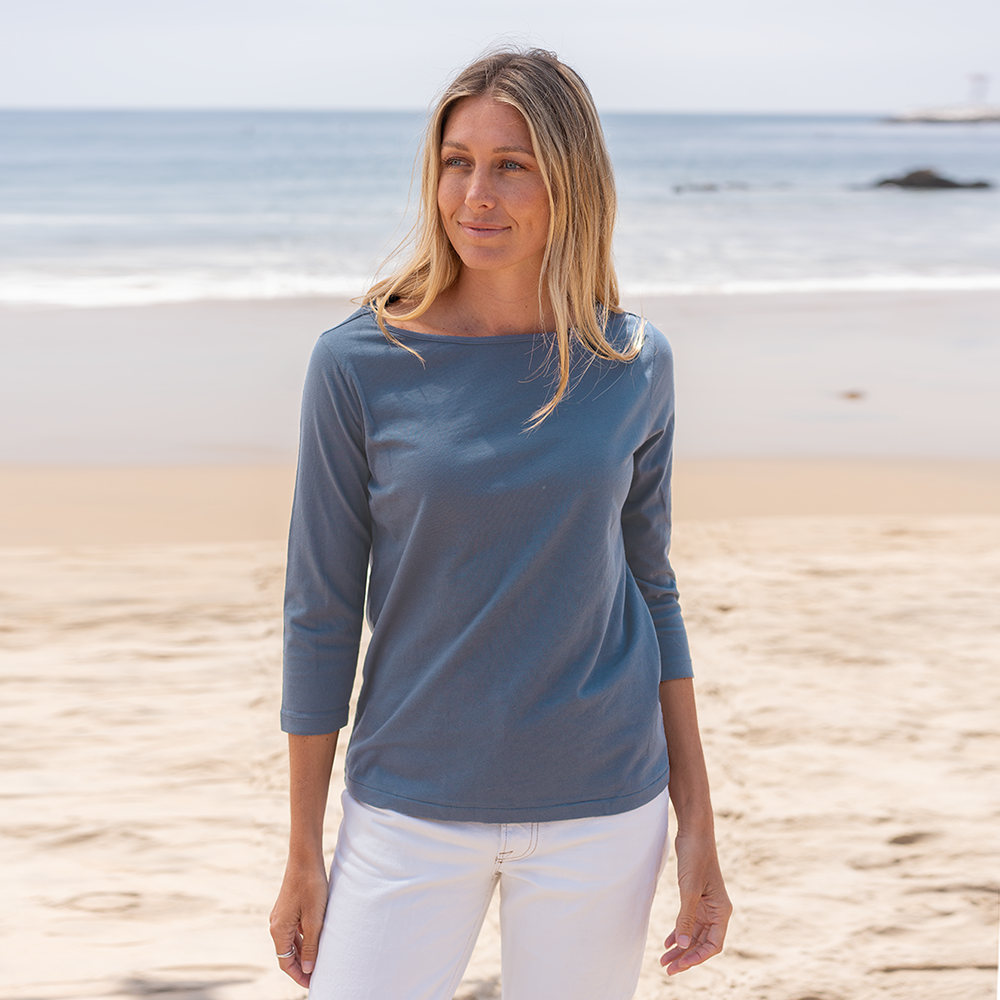 #color_dusk-blue organic cotton 3/4 Sleeve Boat Neck t-shirt Front