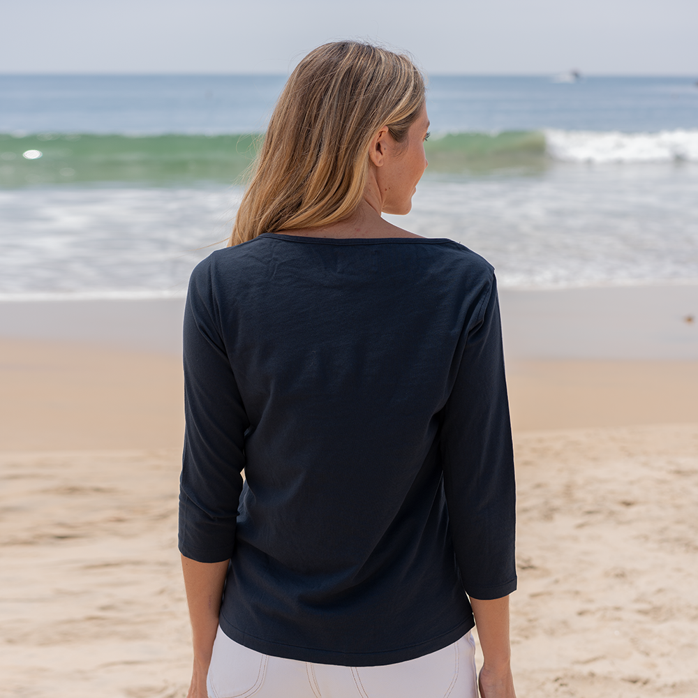 #color_navy-blue organic cotton 3/4 Sleeve Boat Neck Back