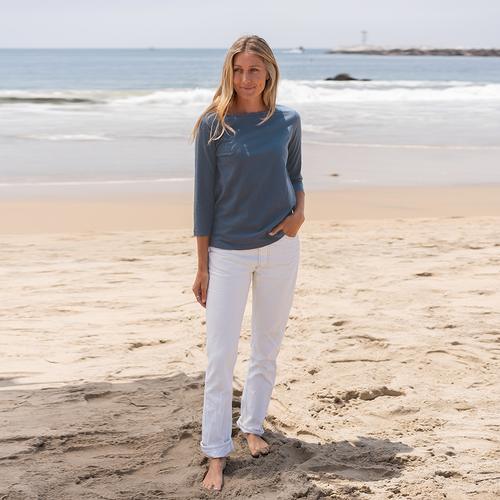 #color_dusk-blue organic cotton 3/4 Sleeve Boat Neck t-shirt Full view