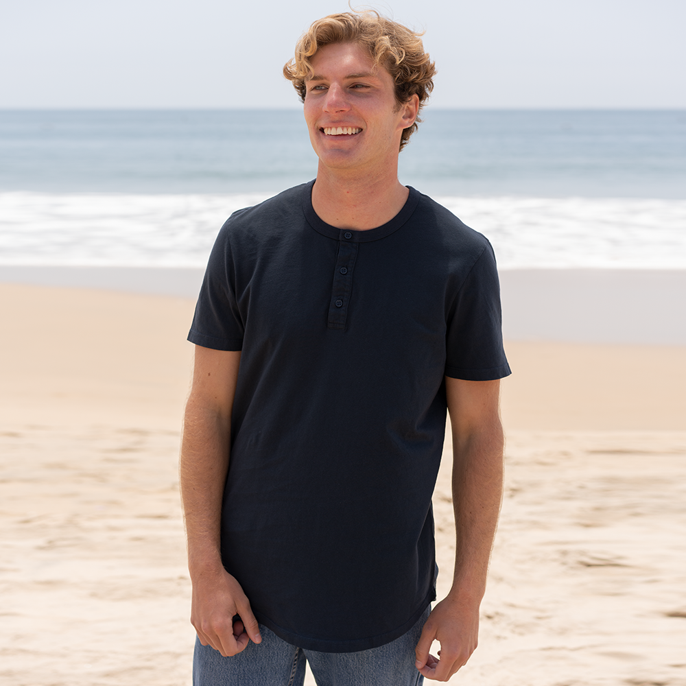 #color_navy-blue organic cotton Short Sleeve Henley Curved Hem Front